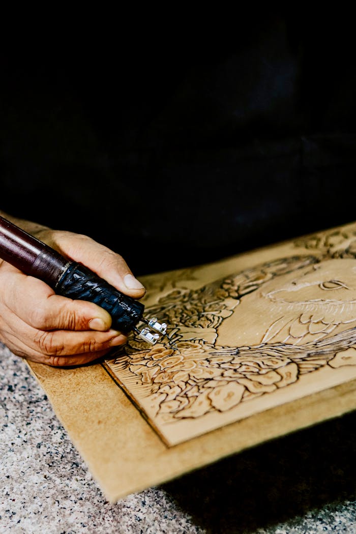 Artisan skillfully engraving intricate designs into leather using precision tool.
