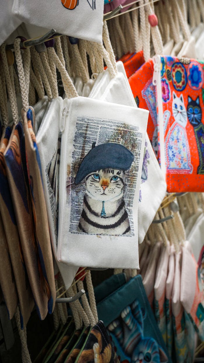 A vibrant display of cat-themed pouches with artistic designs in a market setting.